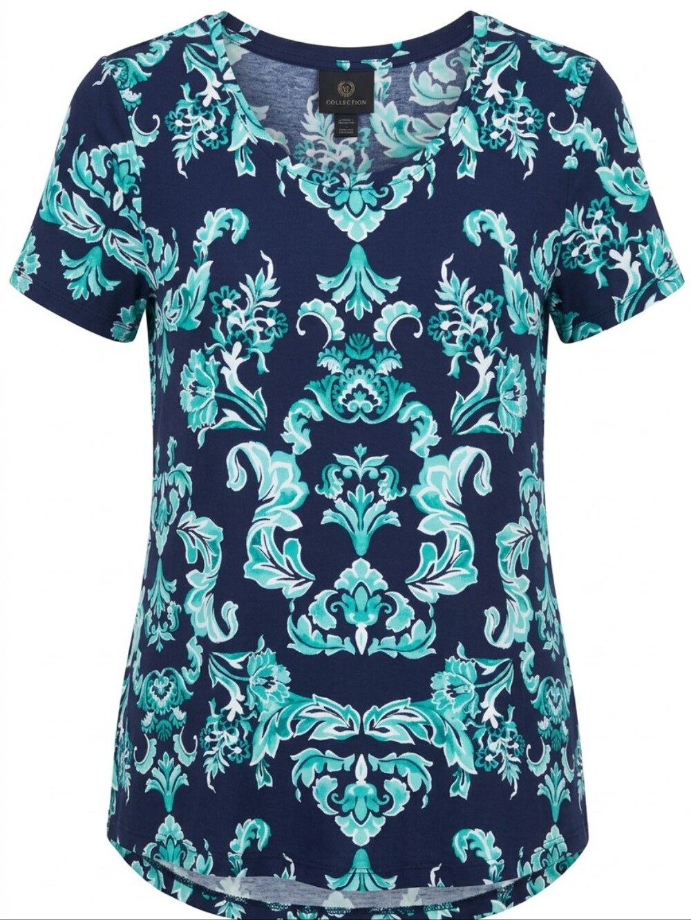 JM Collection Navy & Teal Damask Short Sleeve Top